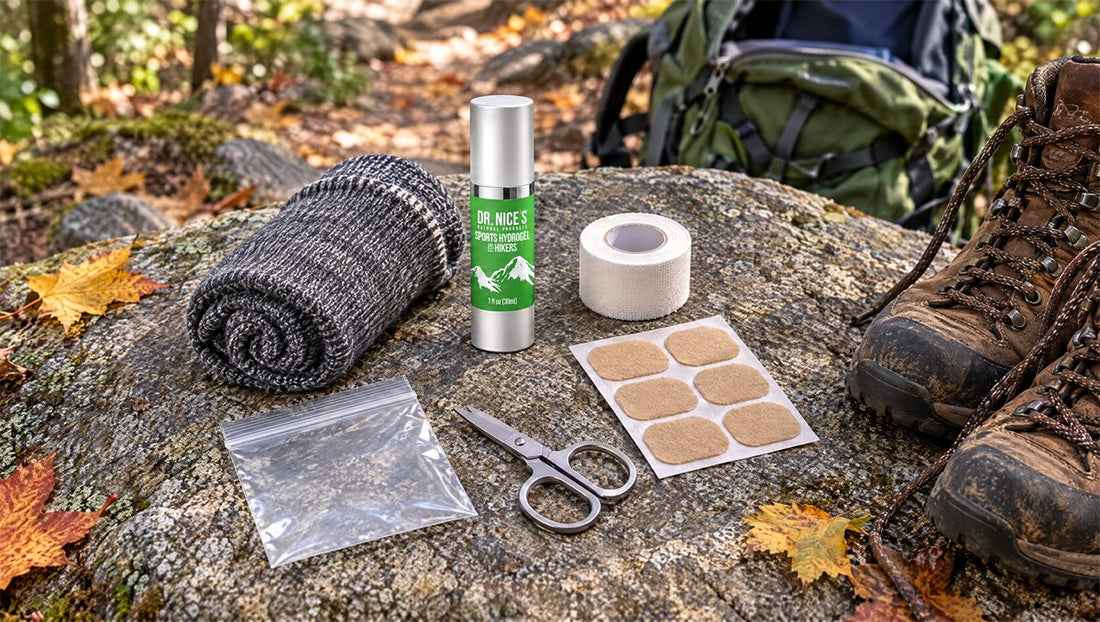 Hiking foot care kit on a trail rock: wool socks, tape, felt pads, scissors and Dr. Nice's Sports Hydrogel for Hikers