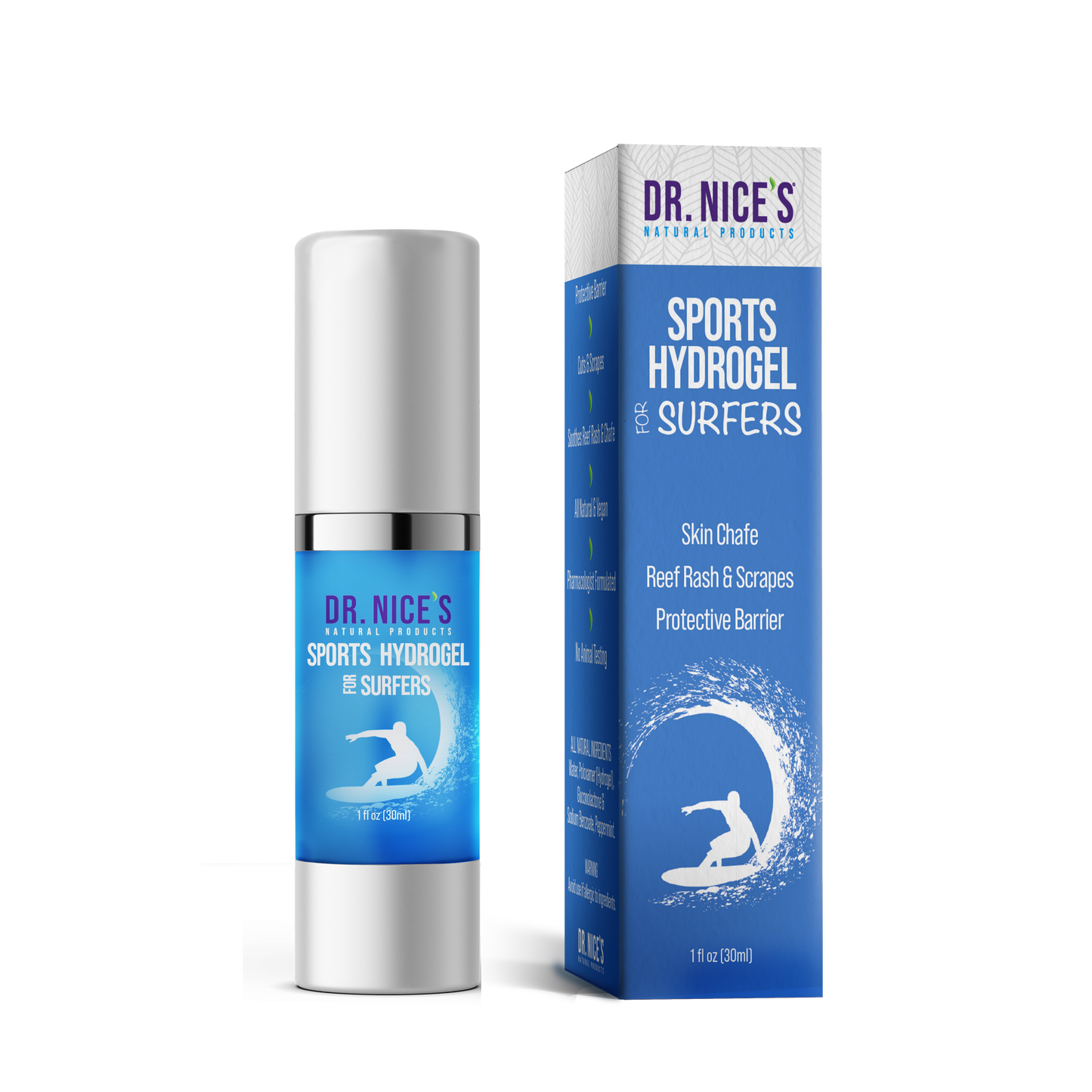 Dr. Nice's natural Sports Hydrogel for surfers to soothe reef rash, chafe and scrapes