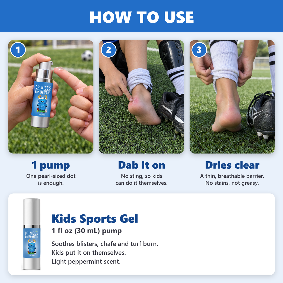 How to use Kids Sports Gel: 1 pump, dab it on, dries clear