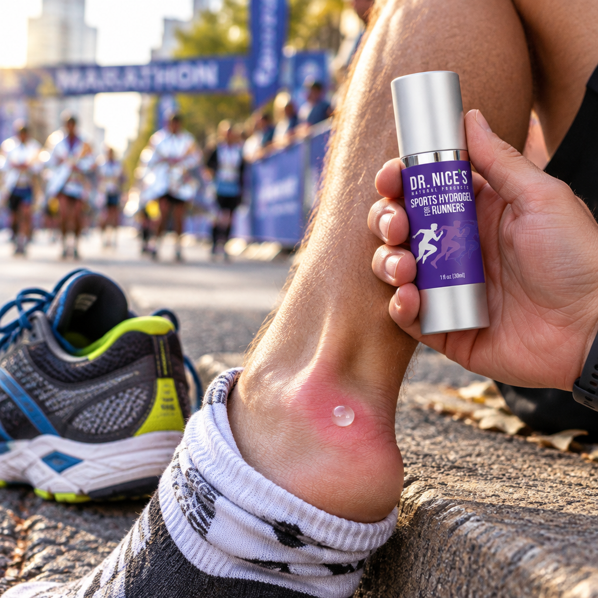 One pearl-sized dot of Sports Hydrogel for Runners on a runner's heel after a marathon, bottle in hand