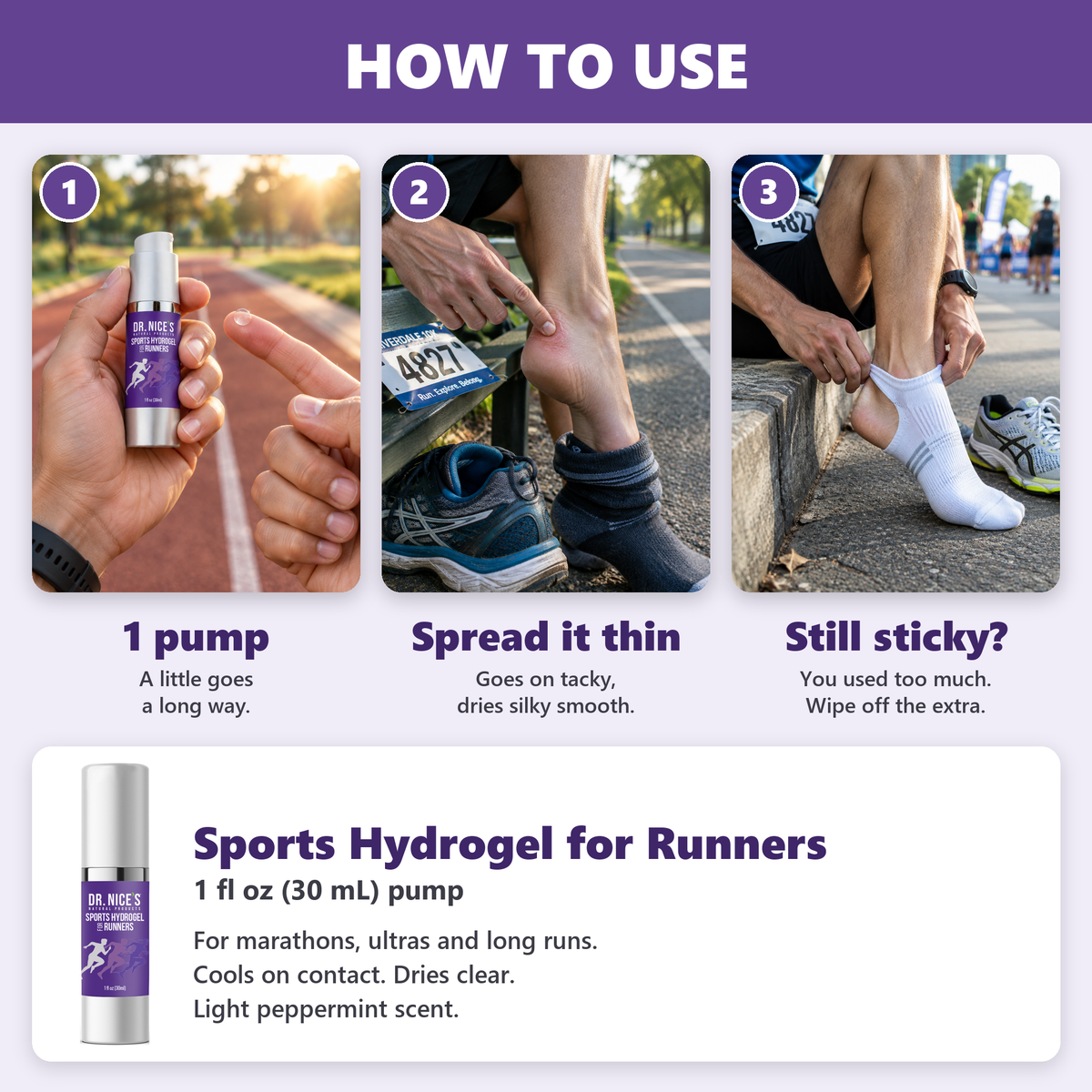 How to use Sports Hydrogel for Runners: 1 pump, spread it thin, still sticky means you used too much